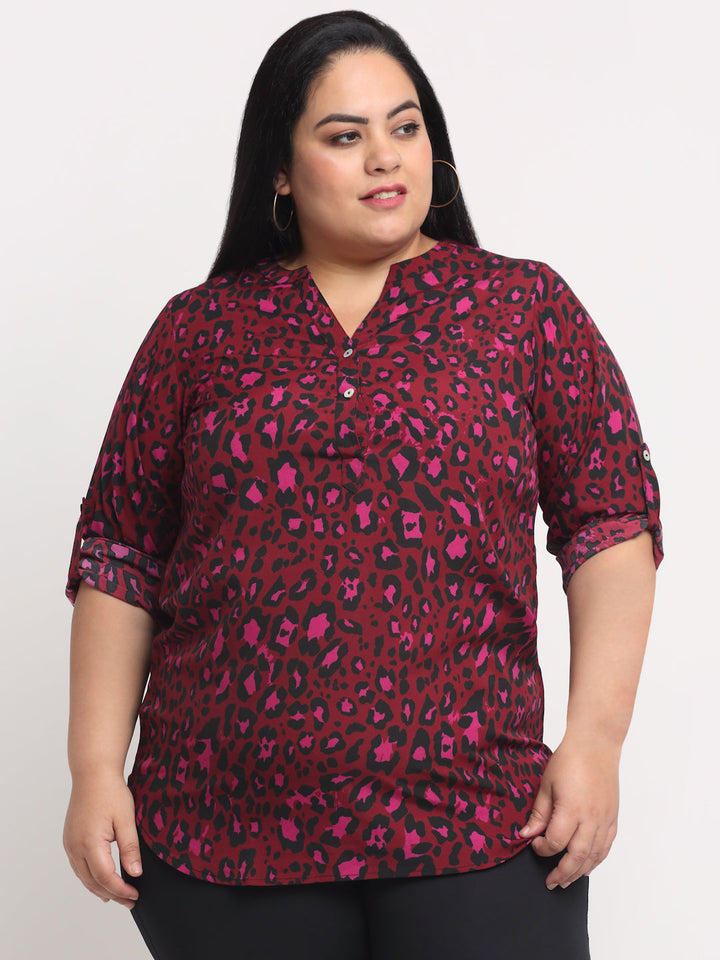 Plus Size Red Floral Print Mandarin Collar Shirt Style Top