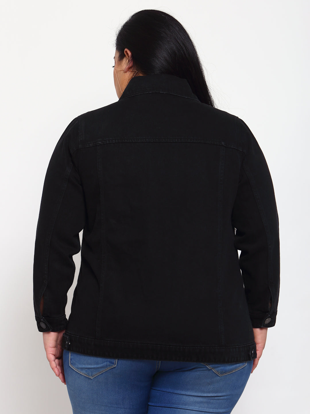 Plus Size Women Black Solid Denim Jacket