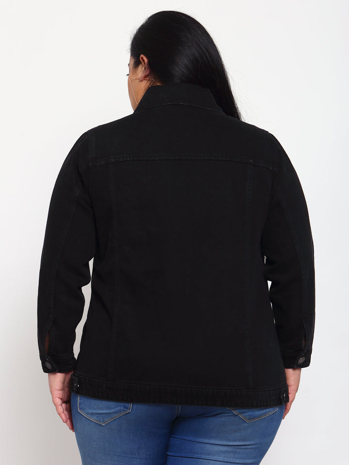 Plus Size Women Black Solid Denim Jacket