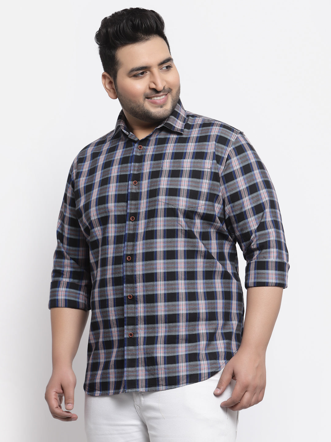 Plus Size Men Navy Blue Tartan Checked Cotton Casual Shirt