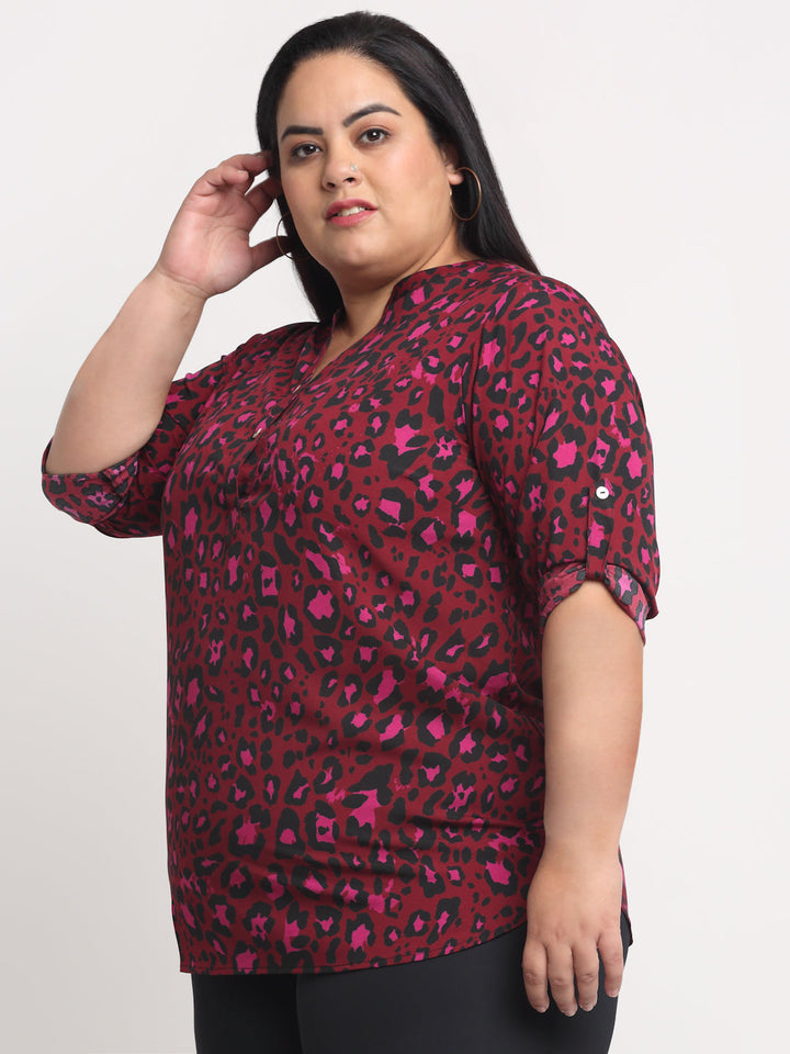 Plus Size Red Floral Print Mandarin Collar Shirt Style Top