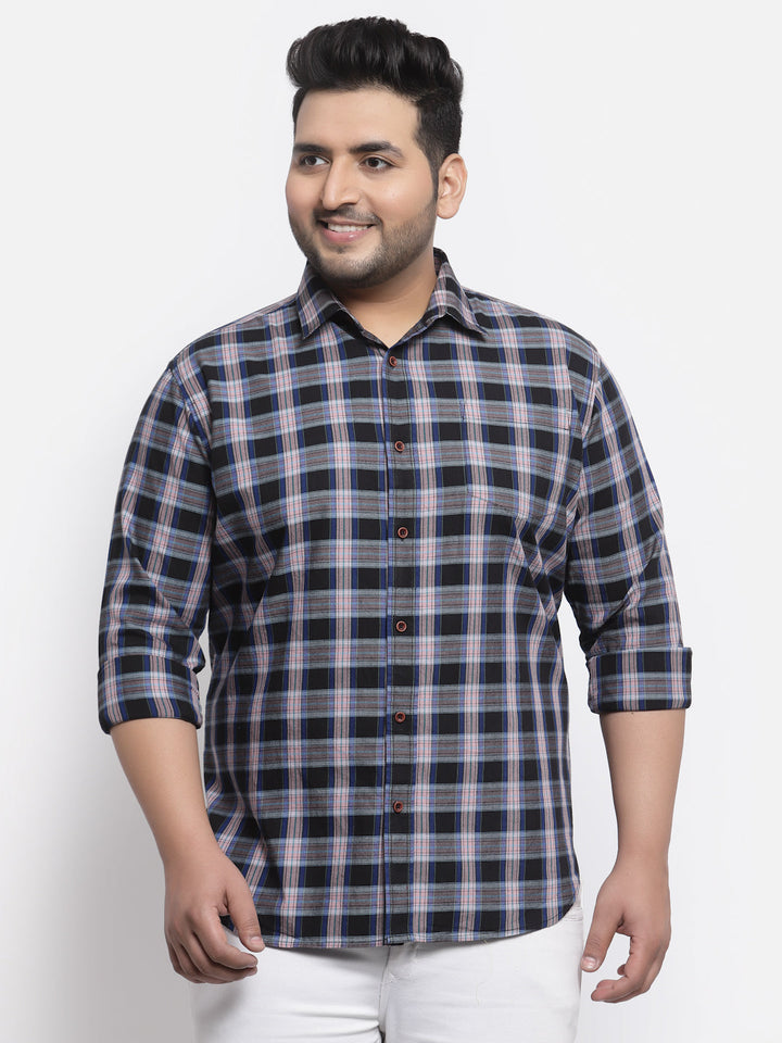 Plus Size Men Navy Blue Tartan Checked Cotton Casual Shirt