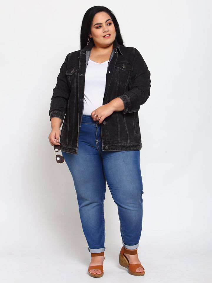 Plus Size Women Charcoal Striped Longline Denim Jacket