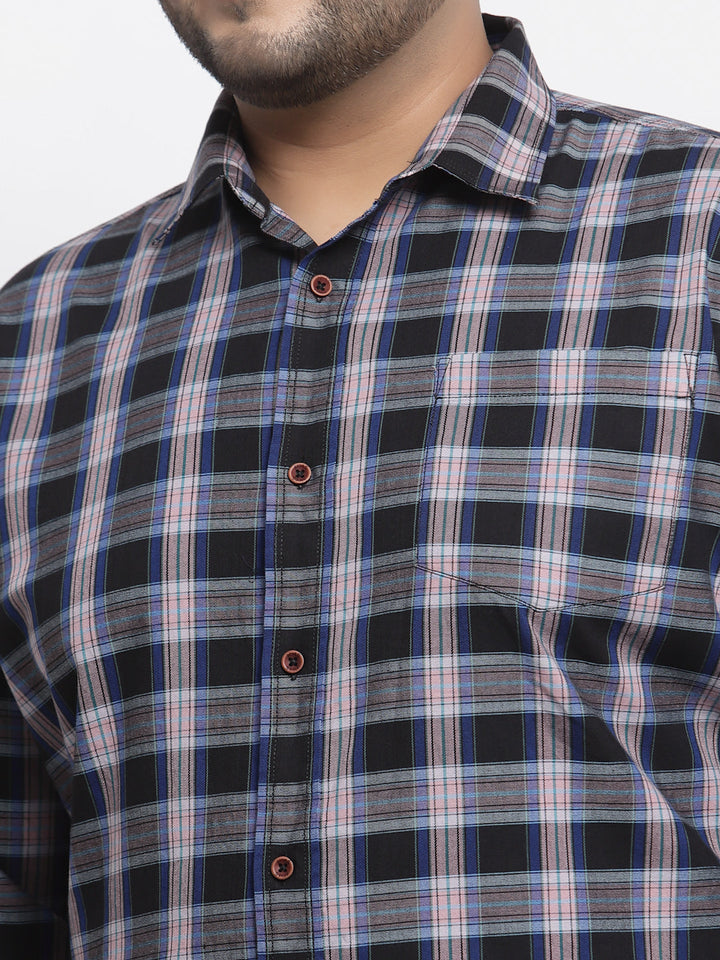 Plus Size Men Navy Blue Tartan Checked Cotton Casual Shirt