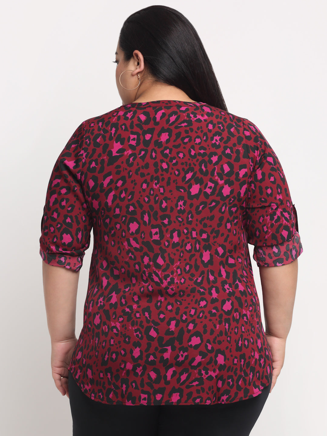 Plus Size Red Floral Print Mandarin Collar Shirt Style Top