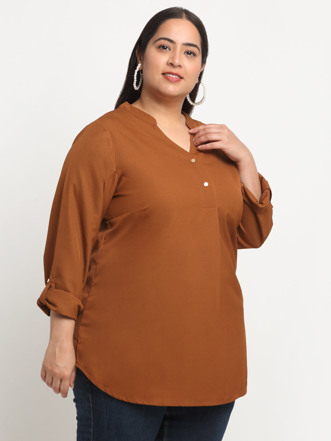 Plus Size Mandarin Collar Roll-Up Sleeves Top