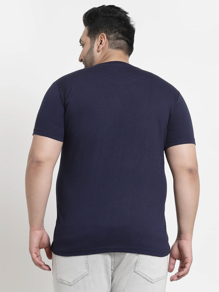Plus Size Men Navy Blue Printed Pure Cotton T-shirt