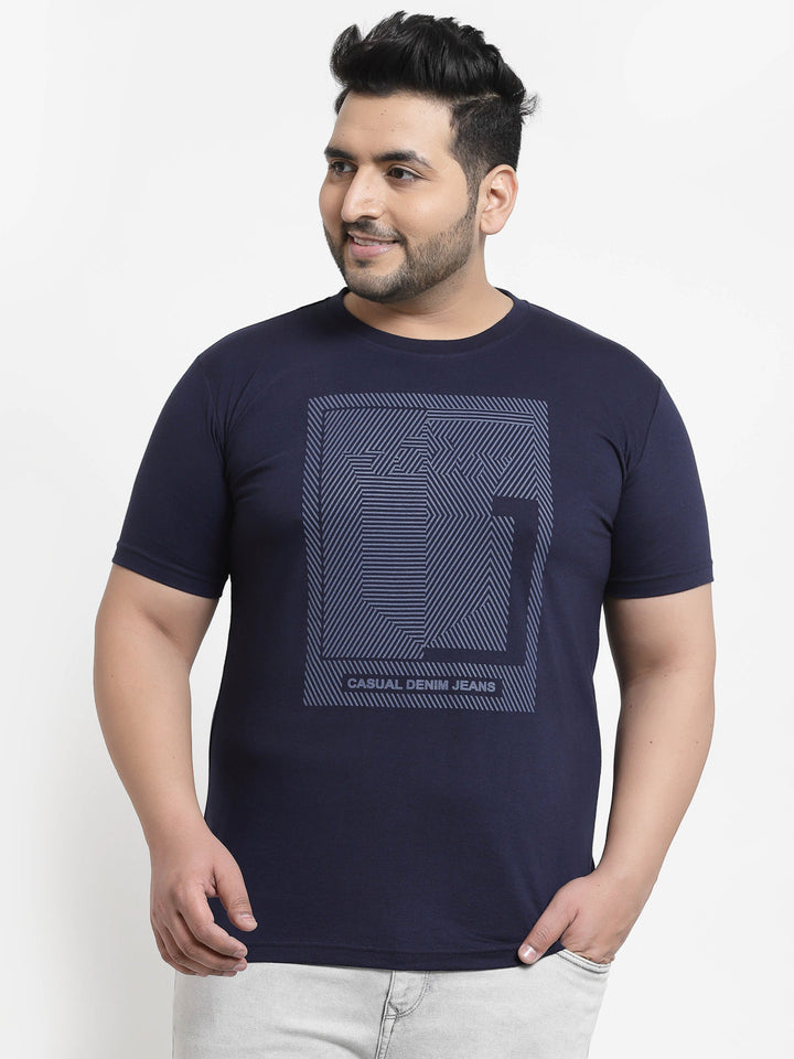 Plus Size Men Navy Blue Printed Pure Cotton T-shirt