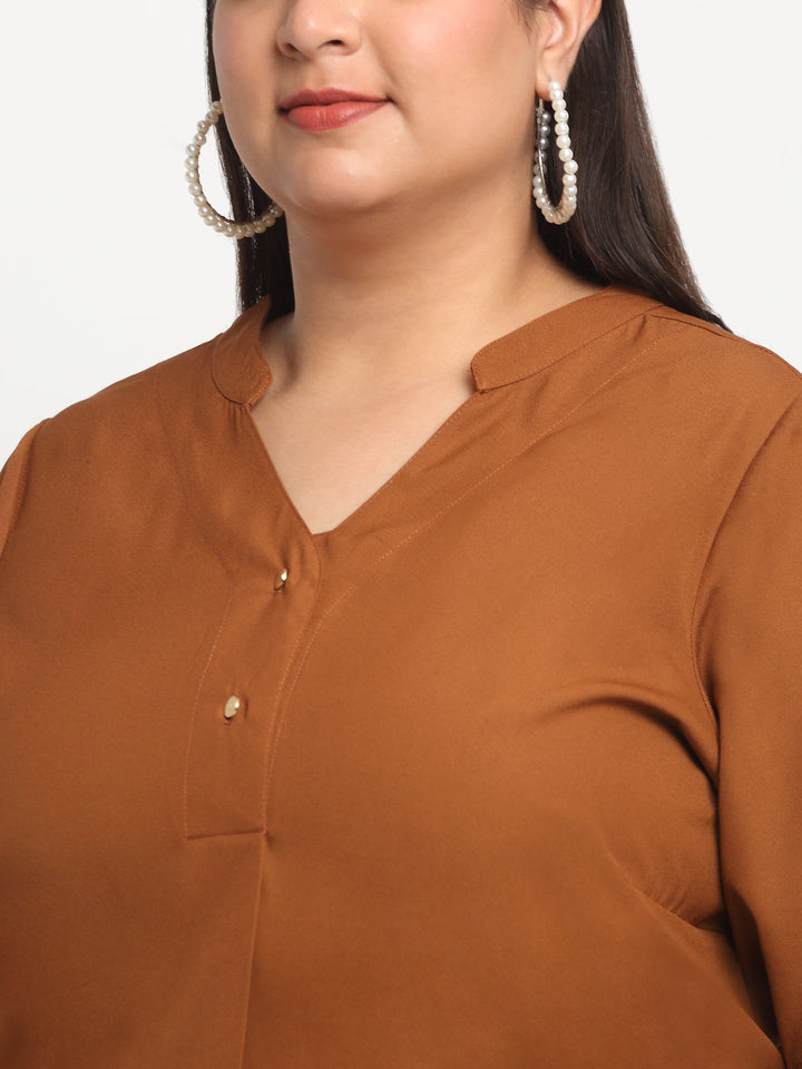 Plus Size Mandarin Collar Roll-Up Sleeves Top