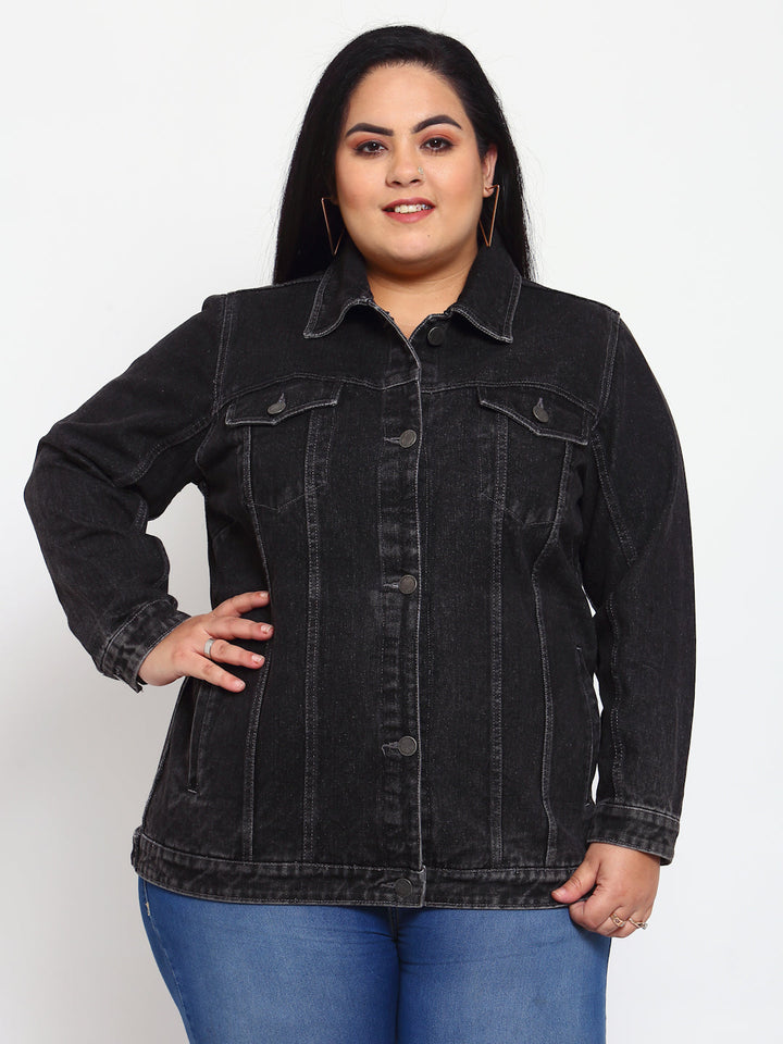 Plus Size Women Charcoal Striped Longline Denim Jacket