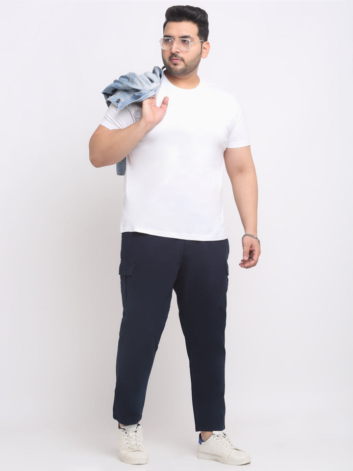 Plus Size Men  Navy Blue Mid Rise Cotton Trousers