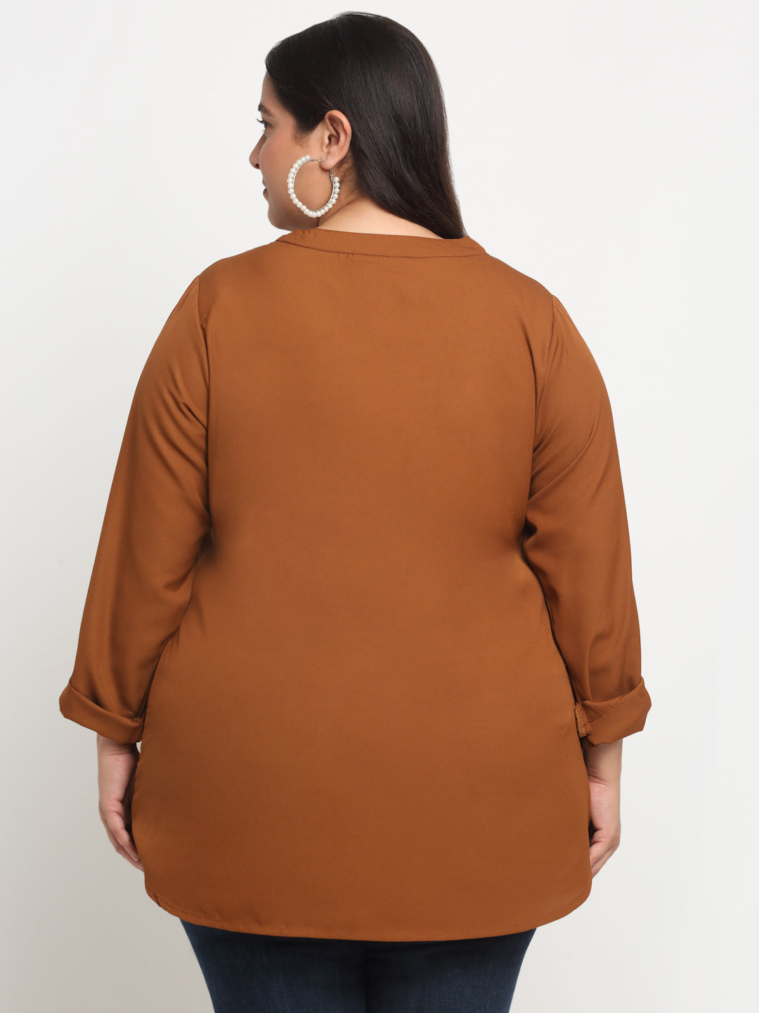 Plus Size Mandarin Collar Roll-Up Sleeves Top