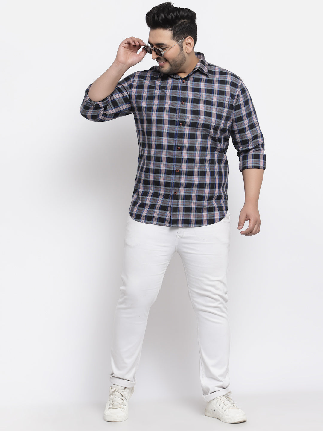 Plus Size Men Navy Blue Tartan Checked Cotton Casual Shirt