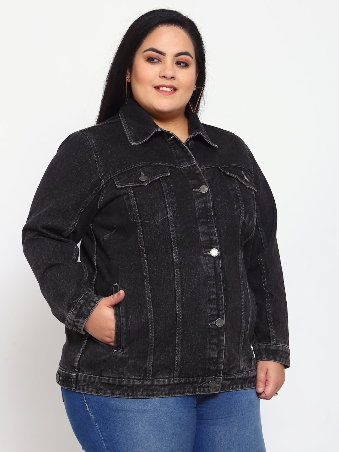 Plus Size Women Charcoal Striped Longline Denim Jacket