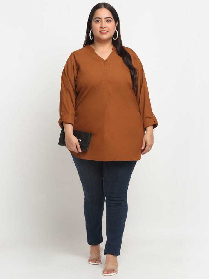 Plus Size Mandarin Collar Roll-Up Sleeves Top
