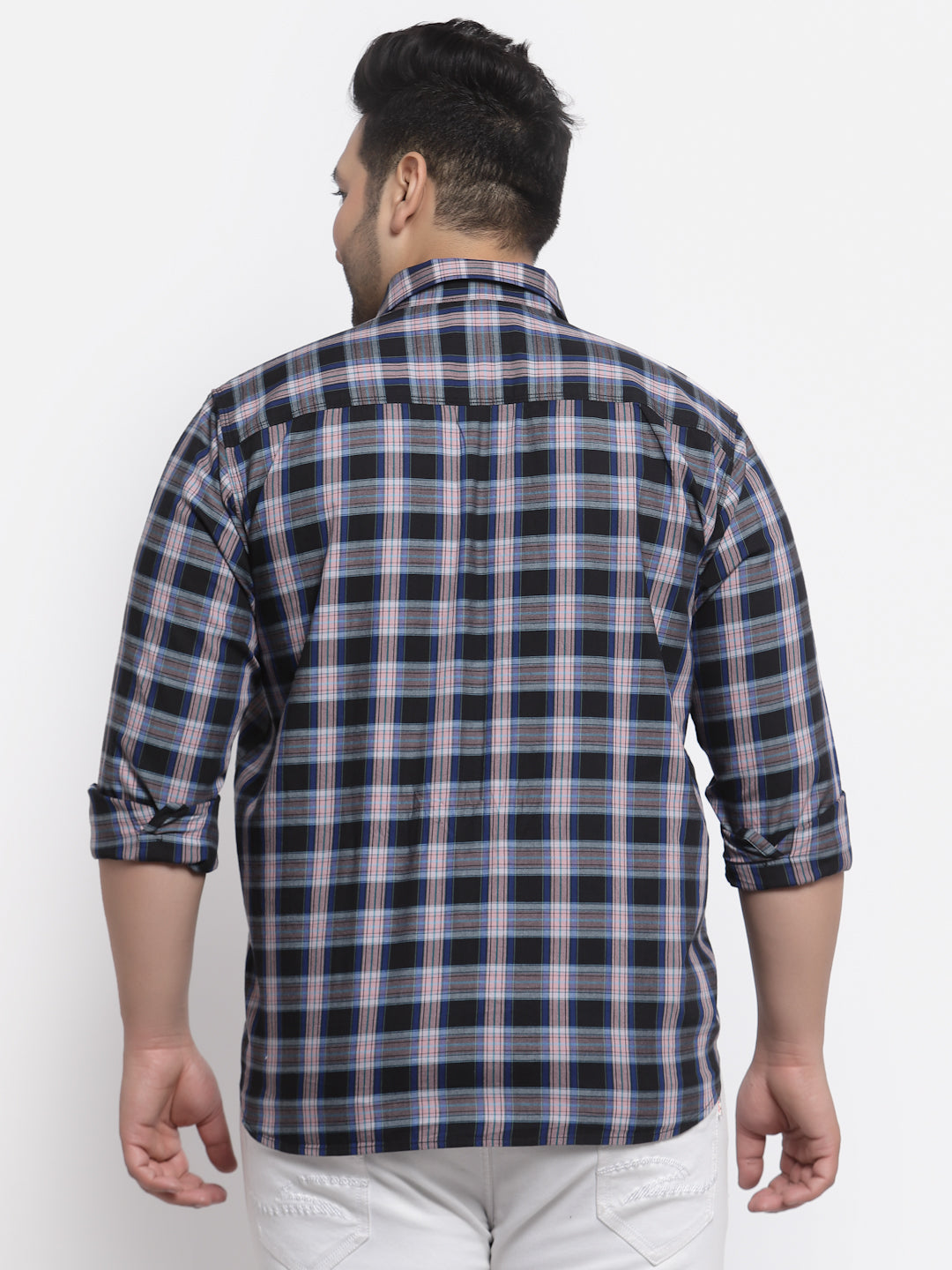 Plus Size Men Navy Blue Tartan Checked Cotton Casual Shirt