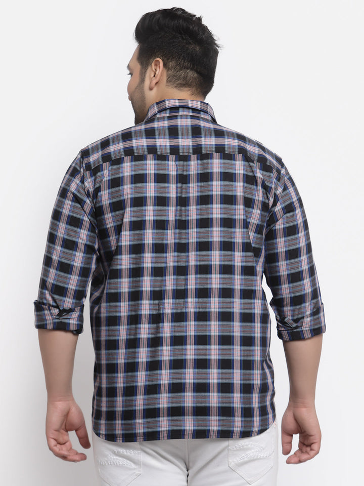 Plus Size Men Navy Blue Tartan Checked Cotton Casual Shirt
