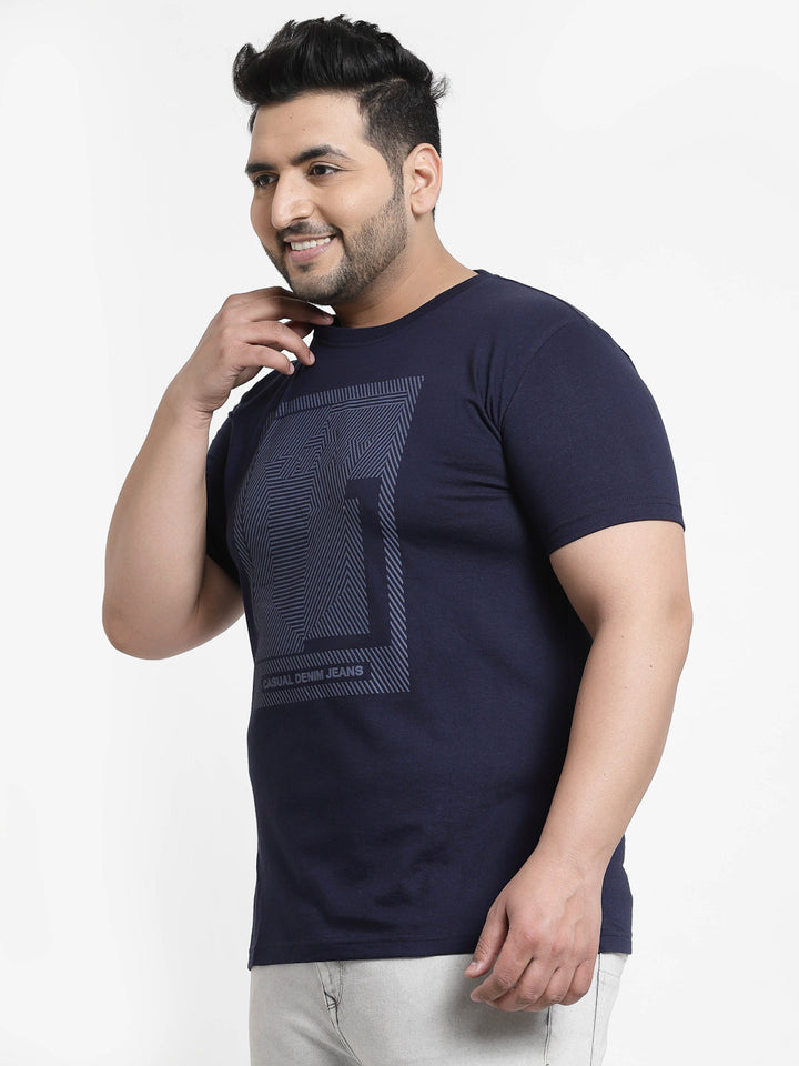 Plus Size Men Navy Blue Printed Pure Cotton T-shirt