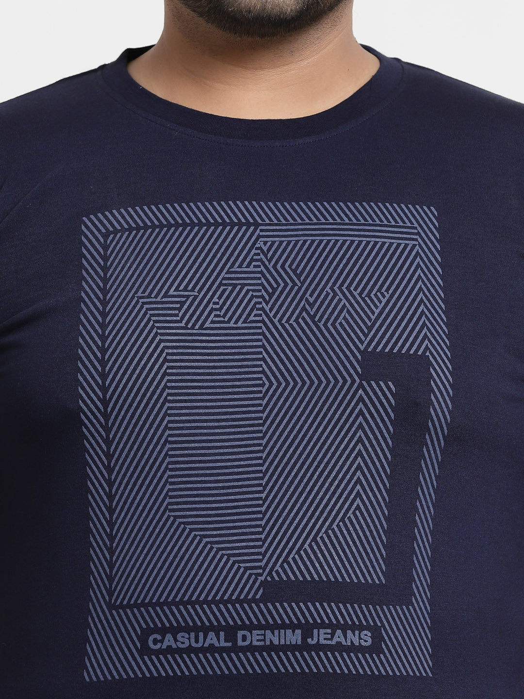 Plus Size Men Navy Blue Printed Pure Cotton T-shirt