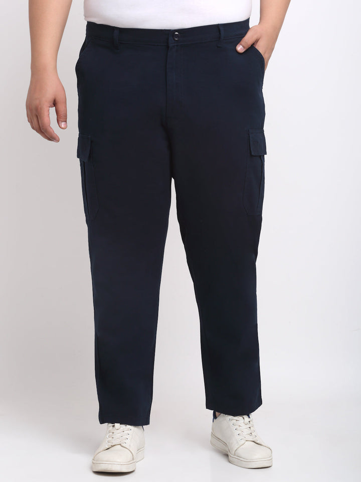 Plus Size Men  Navy Blue Mid Rise Cotton Trousers