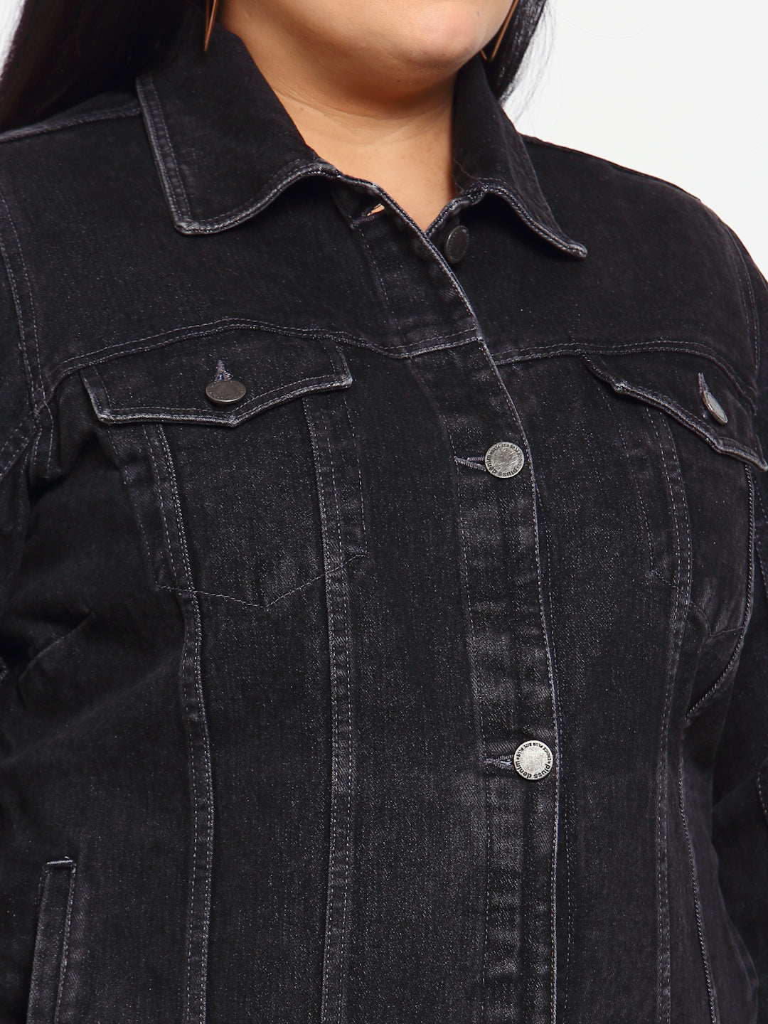 Plus Size Women Charcoal Striped Longline Denim Jacket
