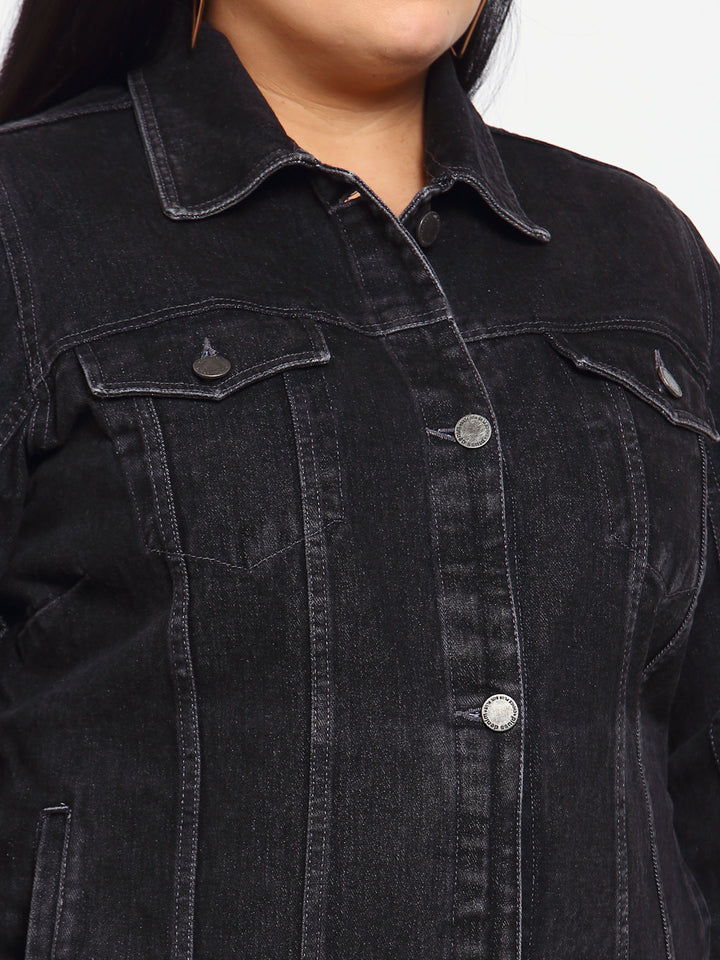 Plus Size Women Charcoal Striped Longline Denim Jacket