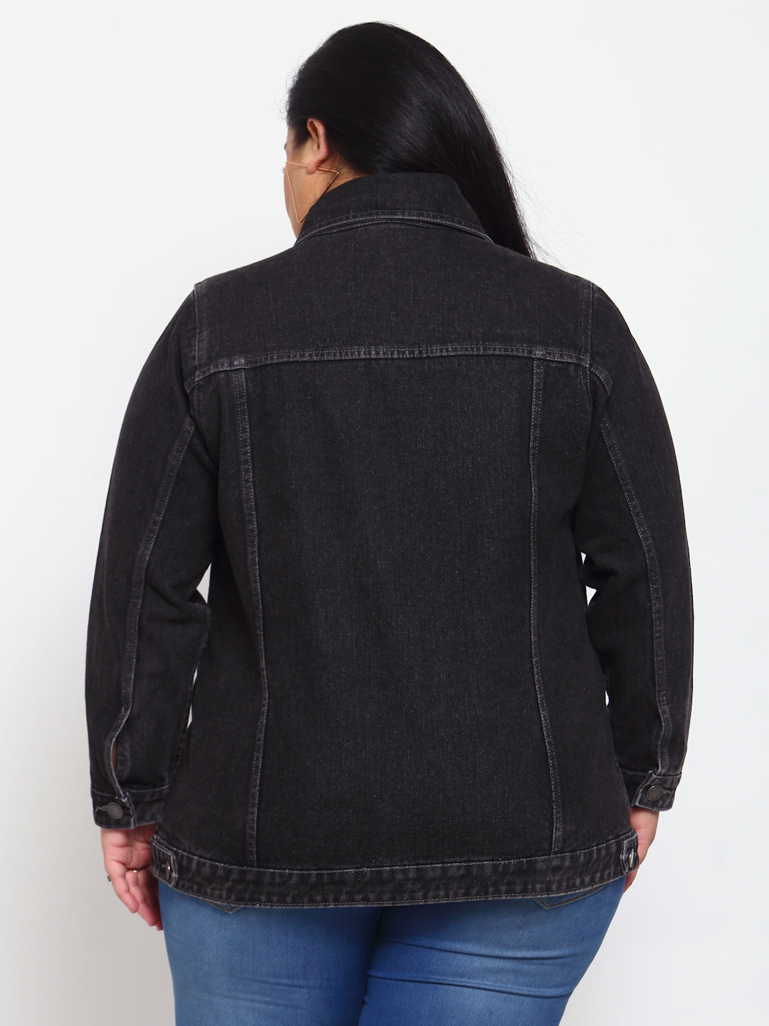 Plus Size Women Charcoal Striped Longline Denim Jacket