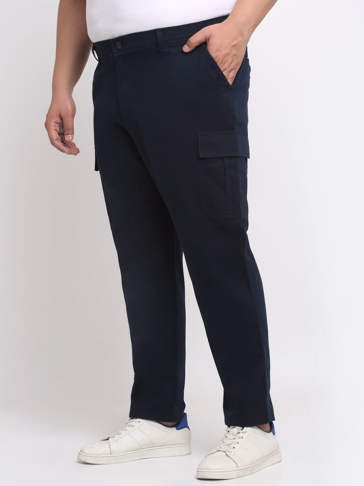Plus Size Men  Navy Blue Mid Rise Cotton Trousers