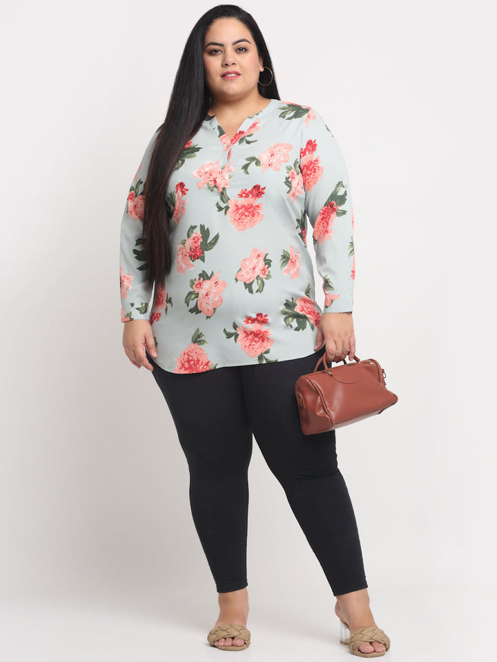 Plus Size Women Sea Green  Red Floral Print Mandarin Collar Roll-Up Sleeves Top