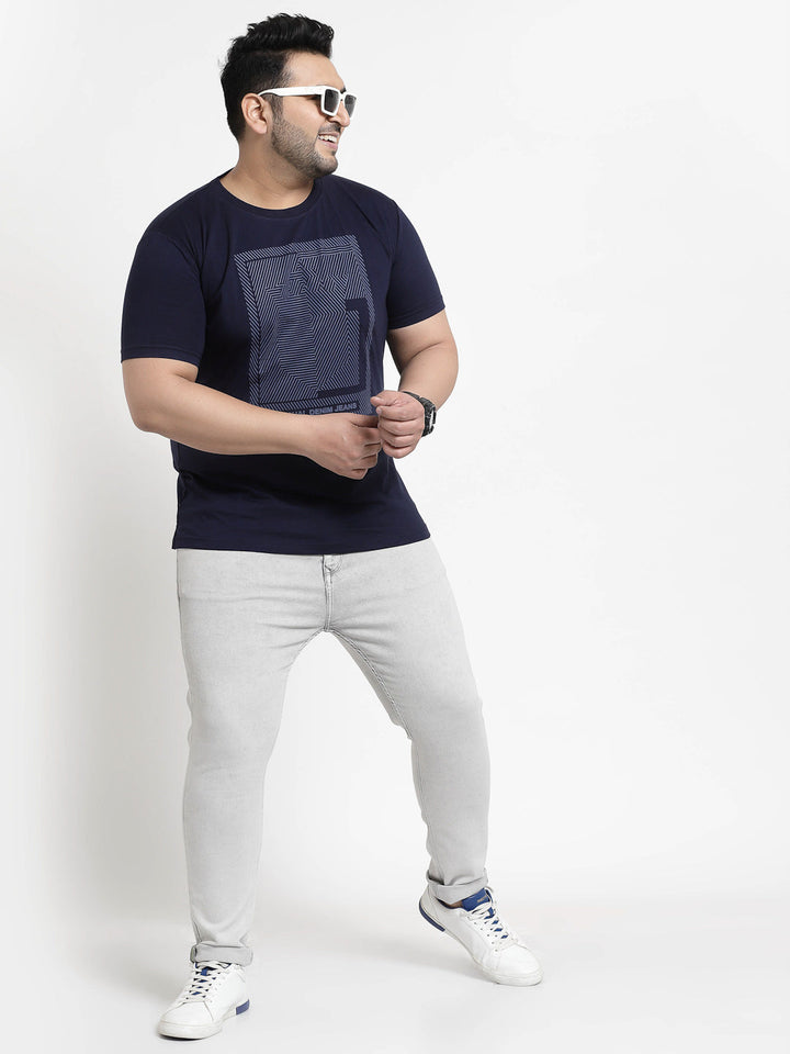 Plus Size Men Navy Blue Printed Pure Cotton T-shirt