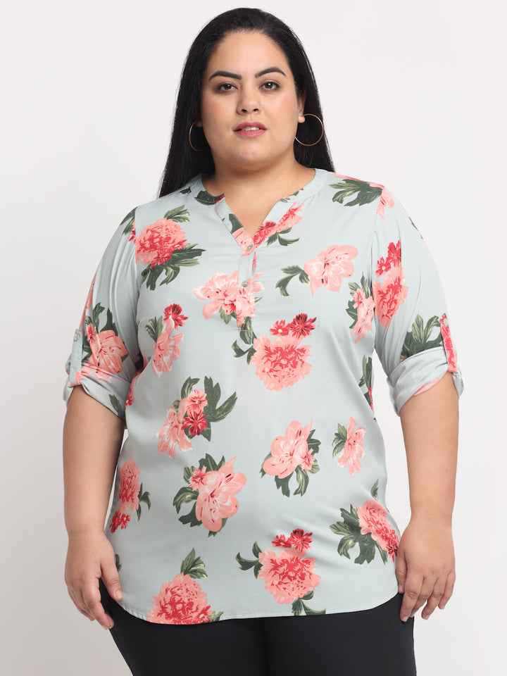 Plus Size Women Sea Green  Red Floral Print Mandarin Collar Roll-Up Sleeves Top