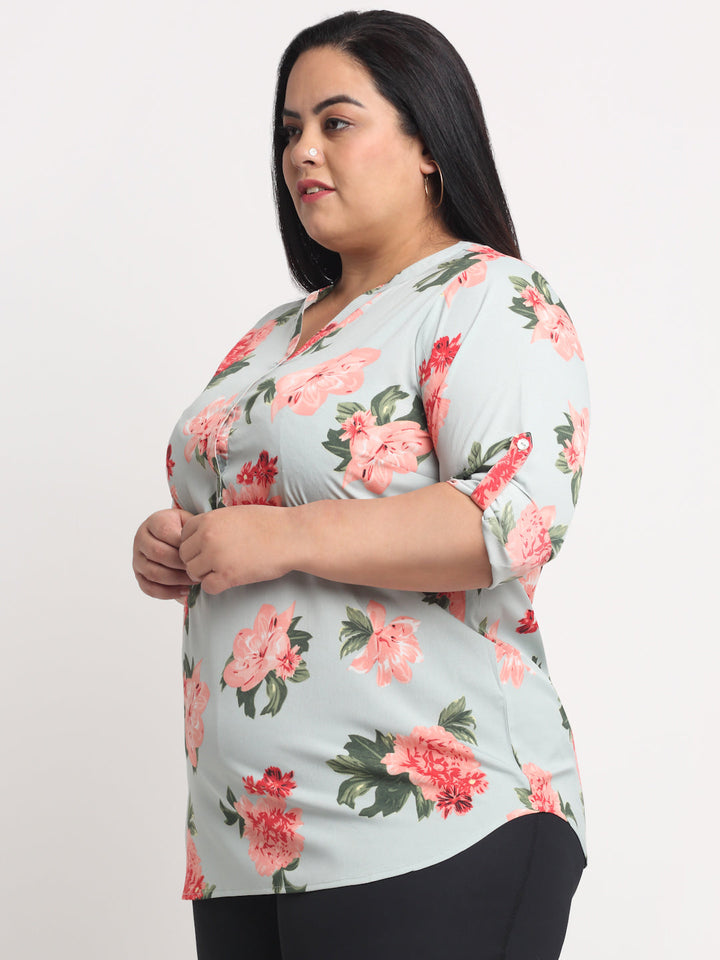 Plus Size Women Sea Green  Red Floral Print Mandarin Collar Roll-Up Sleeves Top