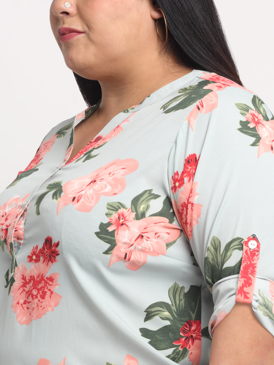 Plus Size Women Sea Green  Red Floral Print Mandarin Collar Roll-Up Sleeves Top