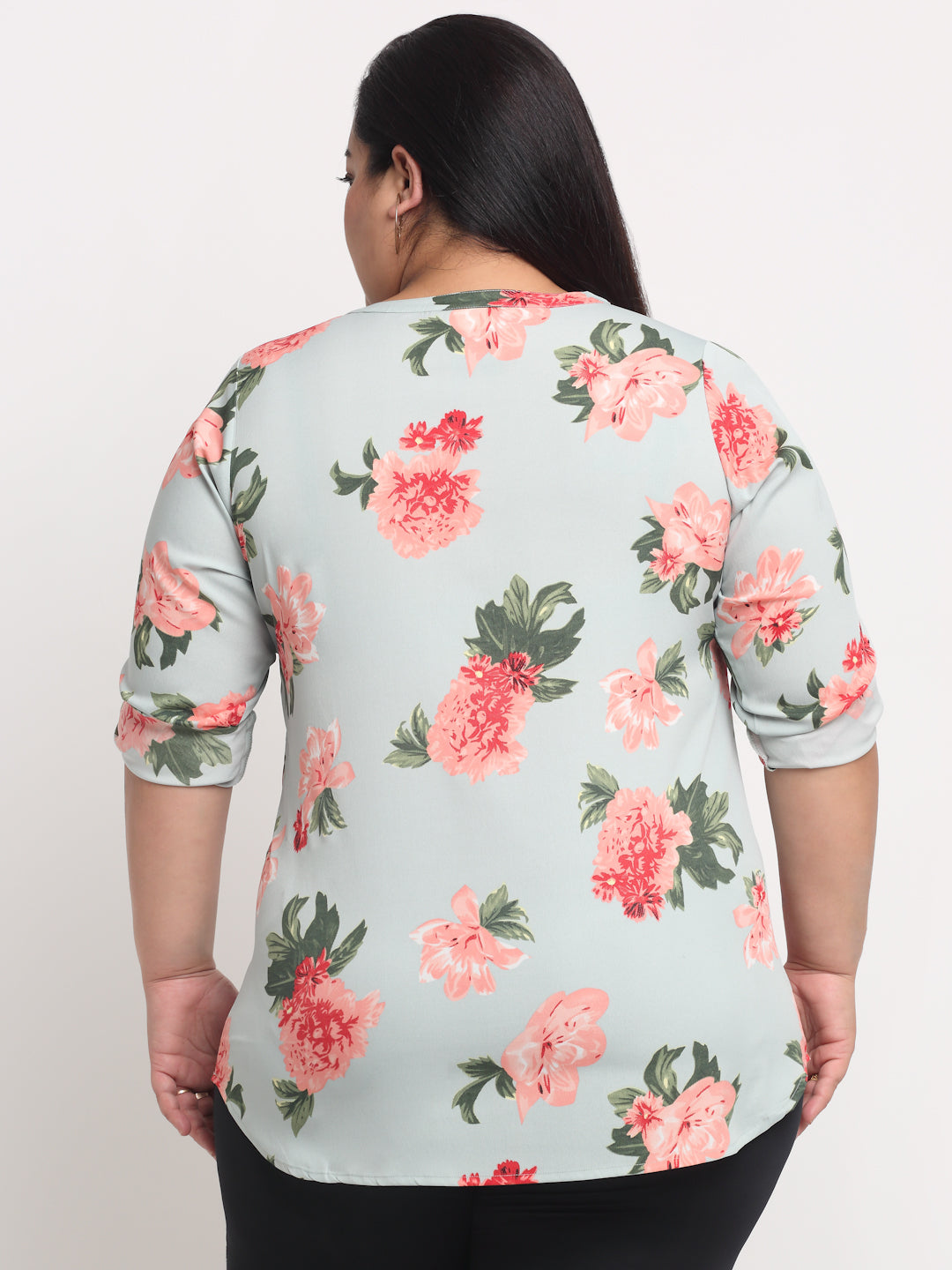 Plus Size Women Sea Green  Red Floral Print Mandarin Collar Roll-Up Sleeves Top