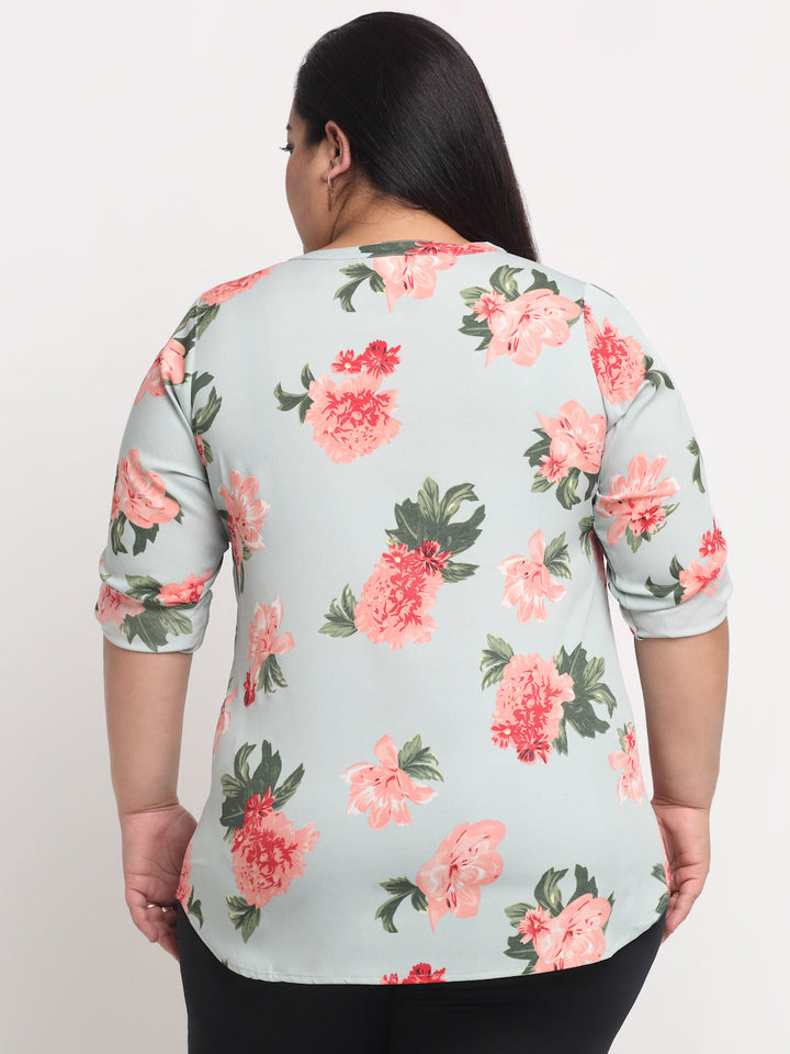Plus Size Women Sea Green  Red Floral Print Mandarin Collar Roll-Up Sleeves Top
