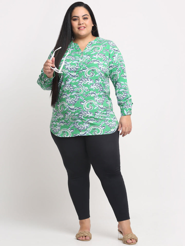 Plus Size  Green Floral Print Mandarin Collar Roll-Up Sleeves Top