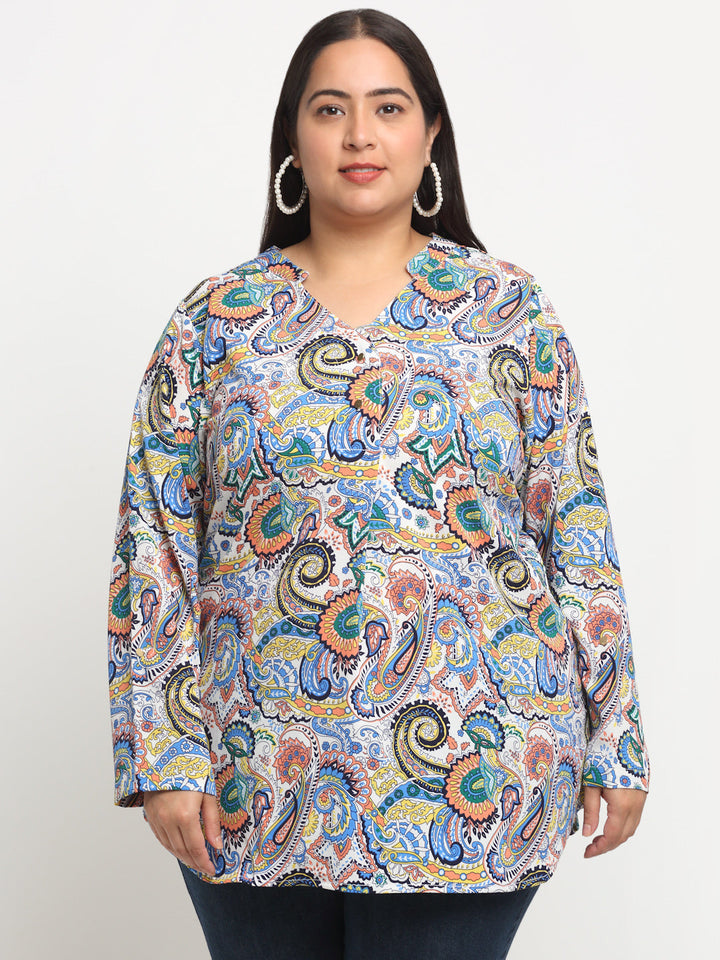 Plus Size Ethnic Motifs Printed Longline Top