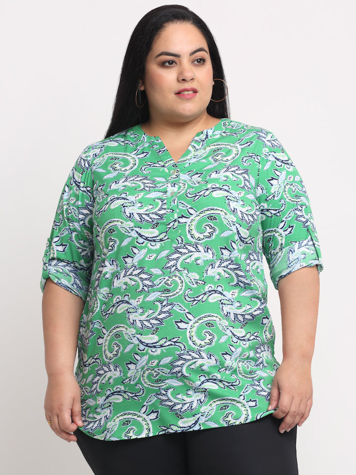 Plus Size  Green Floral Print Mandarin Collar Roll-Up Sleeves Top