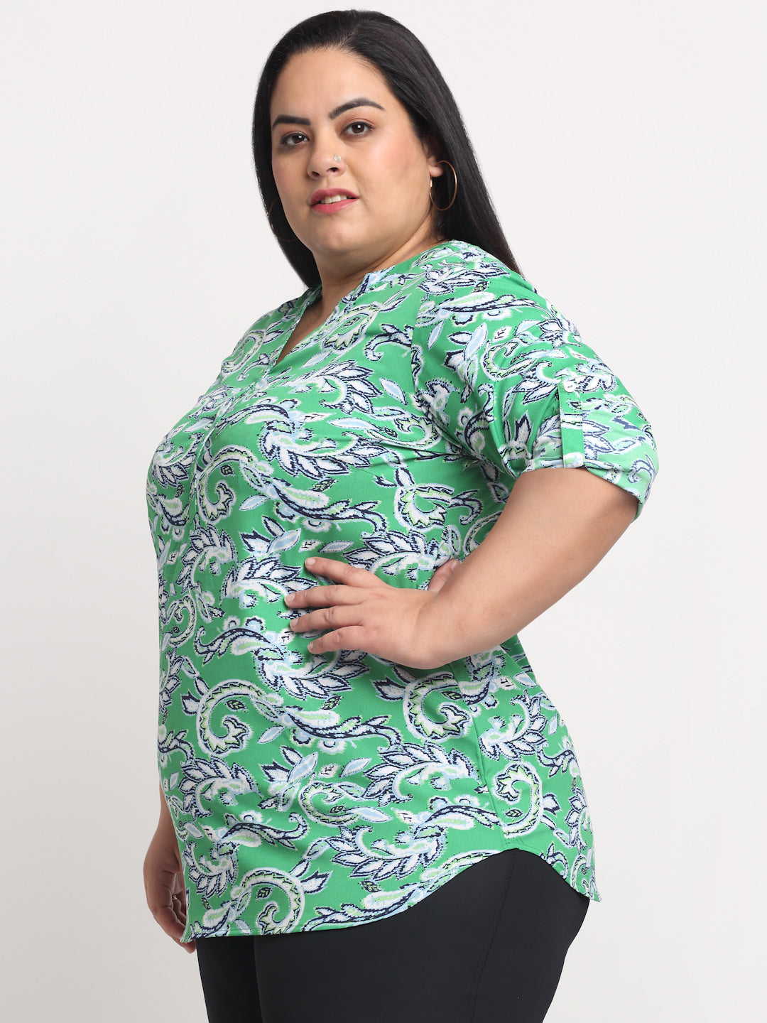 Plus Size  Green Floral Print Mandarin Collar Roll-Up Sleeves Top