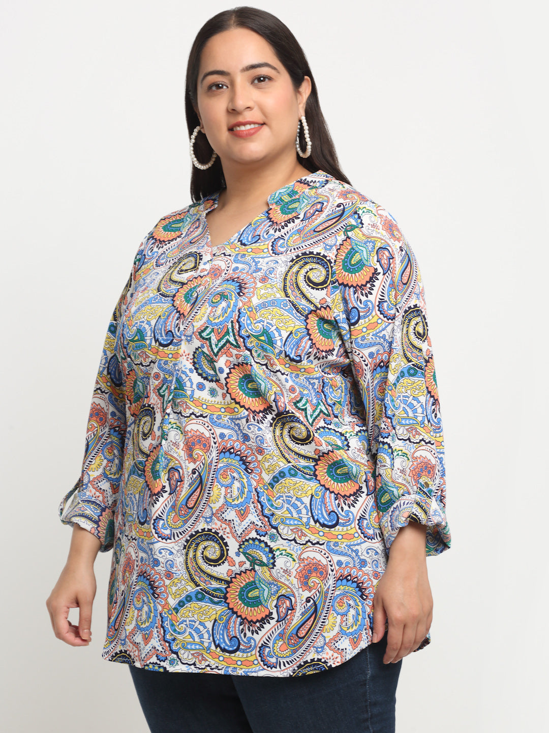 Plus Size Ethnic Motifs Printed Longline Top