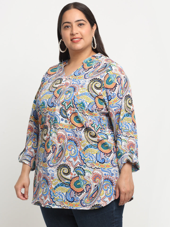 Plus Size Ethnic Motifs Printed Longline Top
