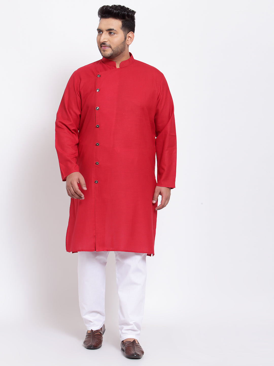 Plus Size Men Red  White Regular Pure Cotton Kurta with Pyjamas