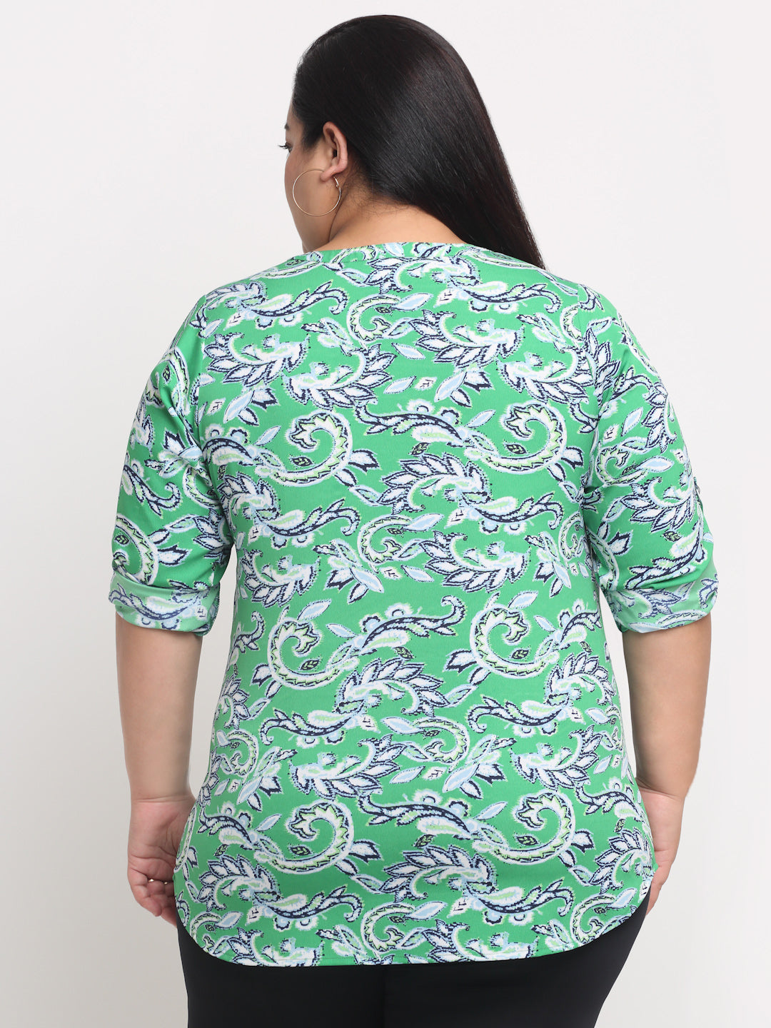Plus Size  Green Floral Print Mandarin Collar Roll-Up Sleeves Top