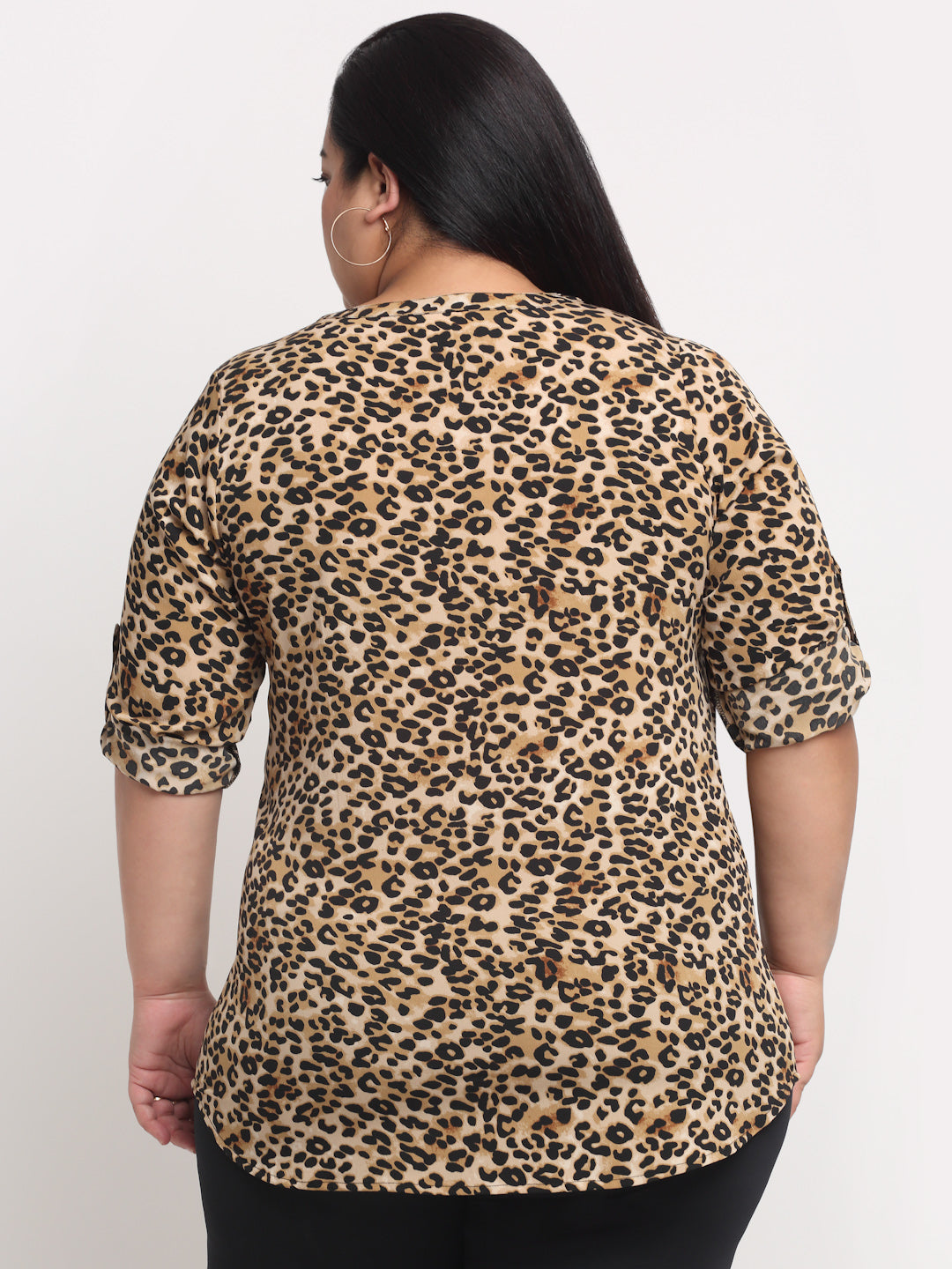 Plus Size women  Brown  Black Animal Print Roll-Up Sleeves Top