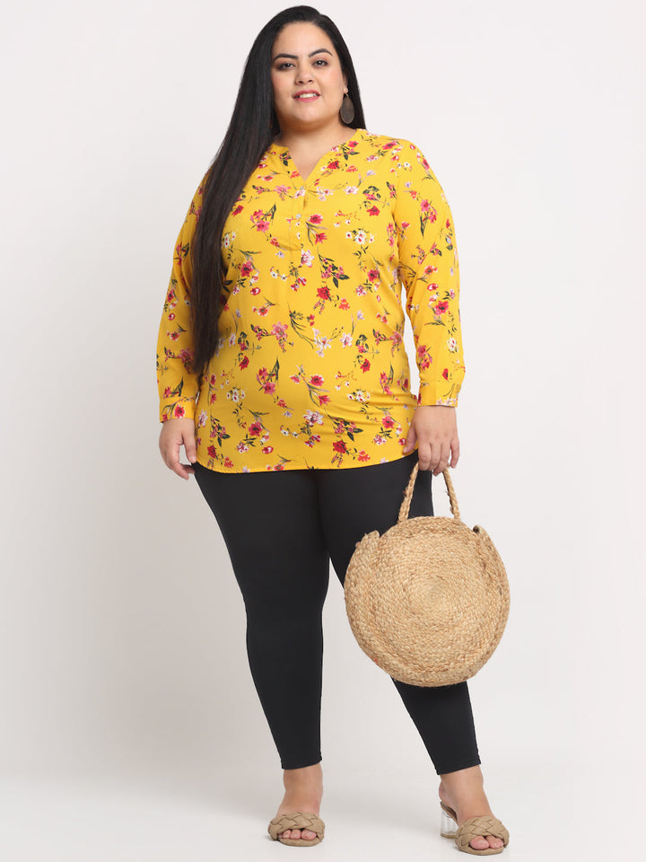 Plus Size Women  Mustard Yellow  Pink Floral Print Collar Roll-Up Sleeves Top