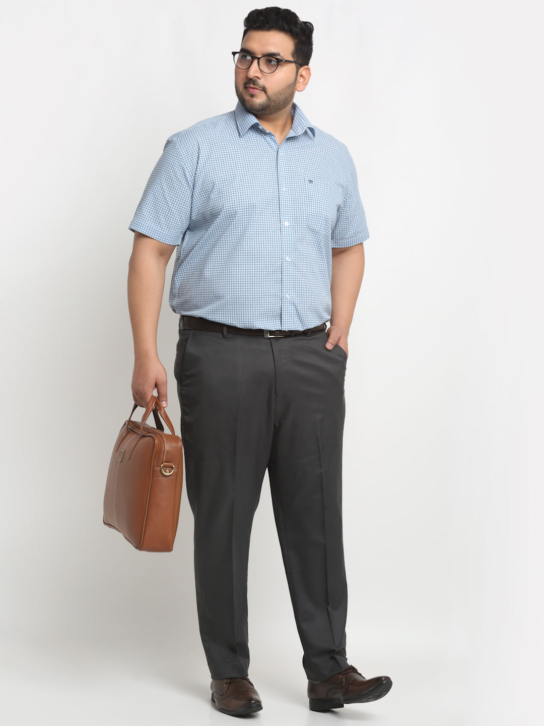 Plus Size  Blue Micro Checked Opaque Formal Shirt