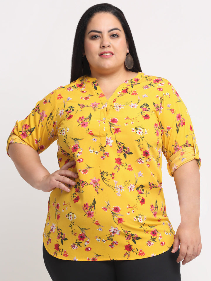 Plus Size Women  Mustard Yellow  Pink Floral Print Collar Roll-Up Sleeves Top