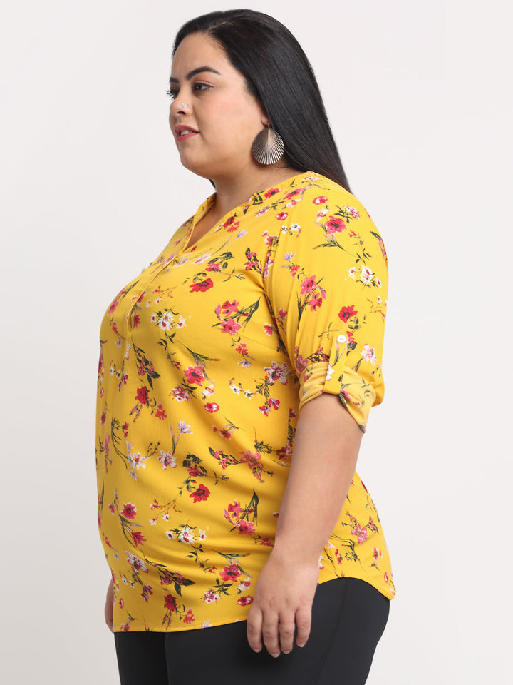Plus Size Women  Mustard Yellow  Pink Floral Print Collar Roll-Up Sleeves Top