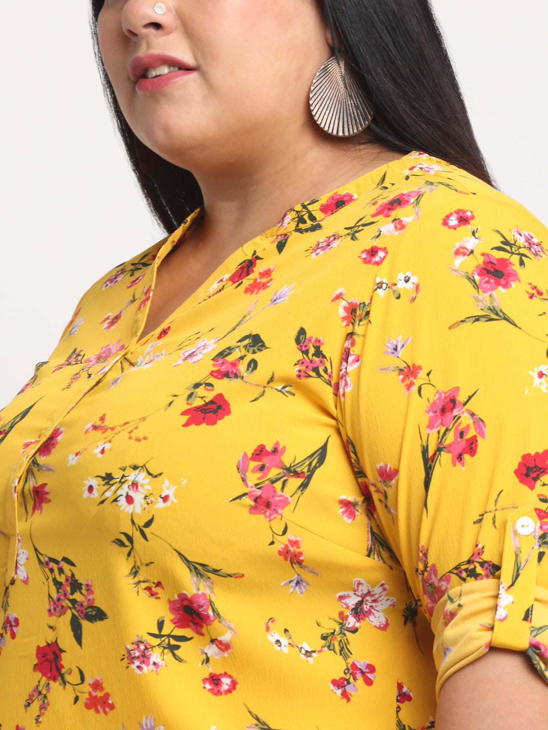 Plus Size Women  Mustard Yellow  Pink Floral Print Collar Roll-Up Sleeves Top