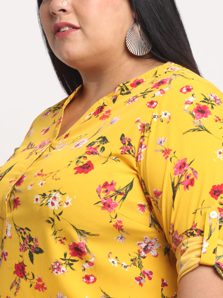 Plus Size Women  Mustard Yellow  Pink Floral Print Collar Roll-Up Sleeves Top